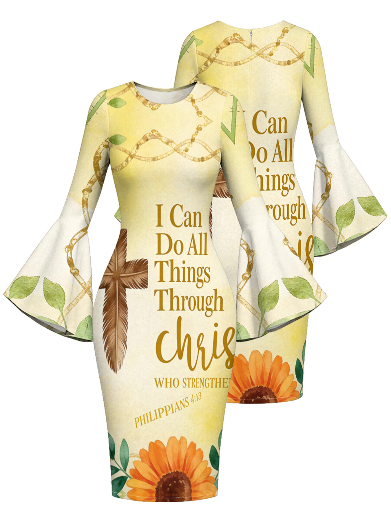 Butter Yellow Feather Cross Easter Flare Sleeve Bodycon Midi Dress