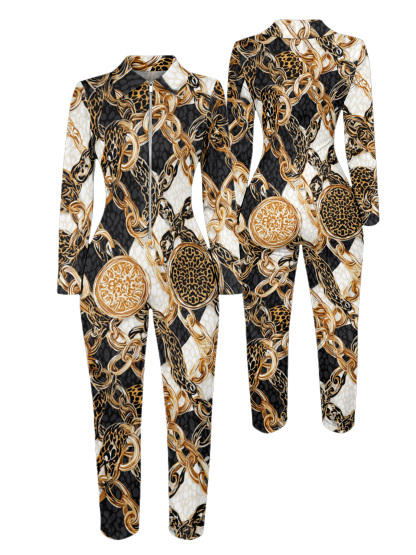 Leopard & Baroque Chain Long Sleeve Zip-Up Jumpsuit NML134