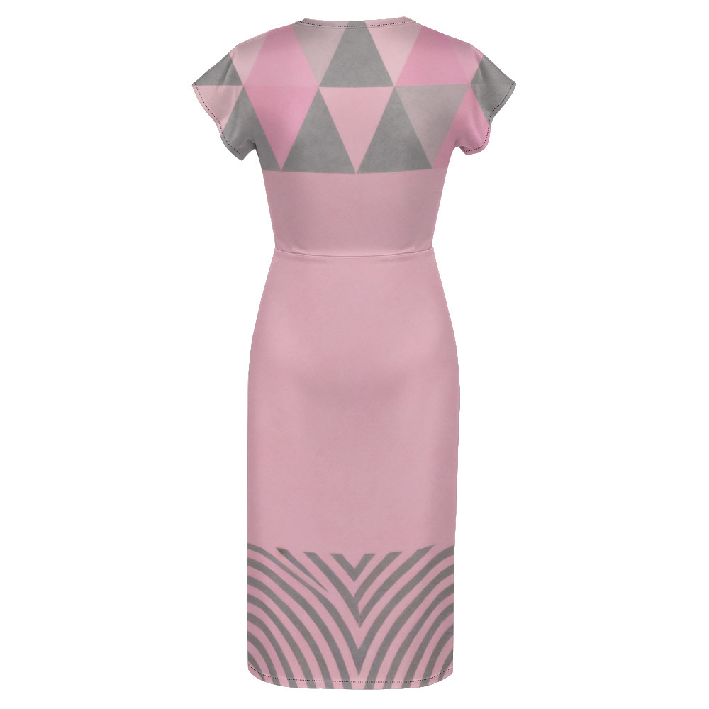 Pink & Gray Geometric Cap Sleeve V-Neck Midi Dress WUT784