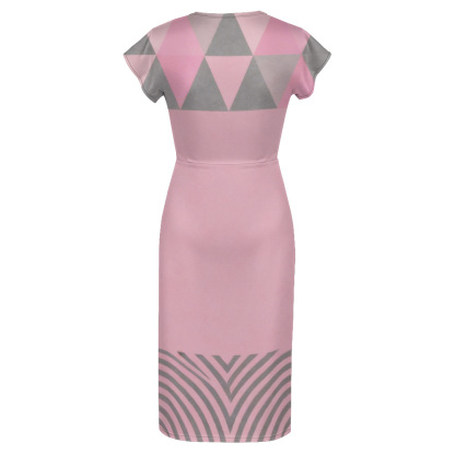 Pink & Gray Geometric Cap Sleeve V-Neck Midi Dress WUT784