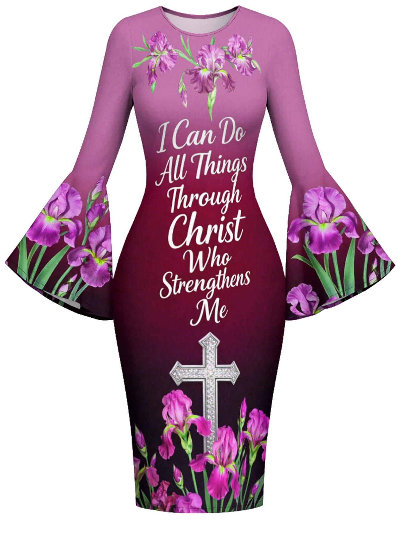 Burgundy Iris Floral Cross Scripture Easter Flare Sleeve Bodycon Midi Dress JIHB2863