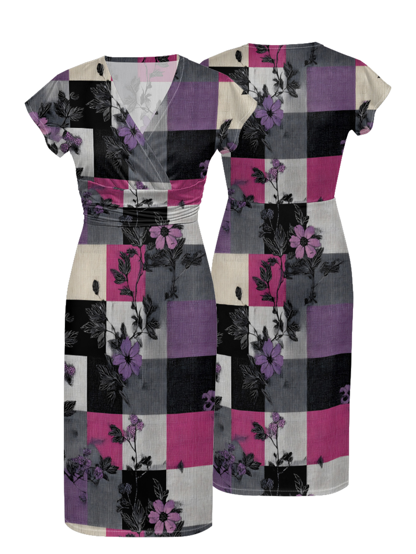 Pink & Purple Floral Plaid Patchwork Cap Sleeve V-Neck Midi Dress IUOP061