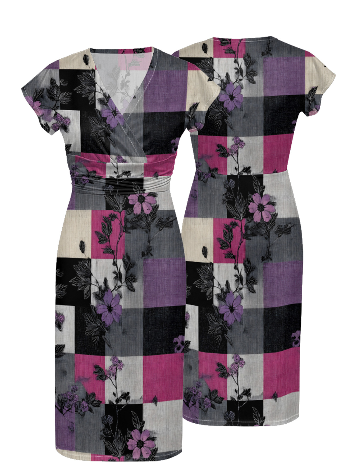 Pink & Purple Floral Plaid Patchwork Cap Sleeve V-Neck Midi Dress IUOP061