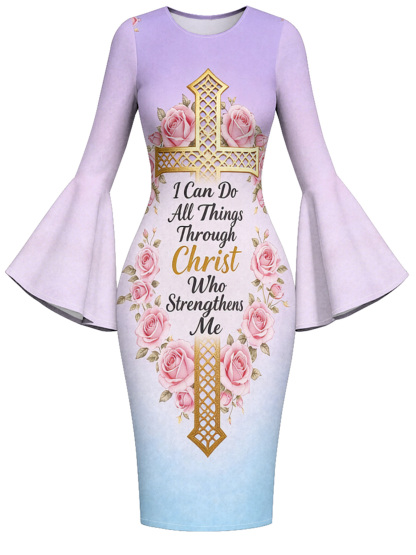 Ombre Purple-Blue Gold Cross Easter Flare Sleeve Bodycon Midi Dress