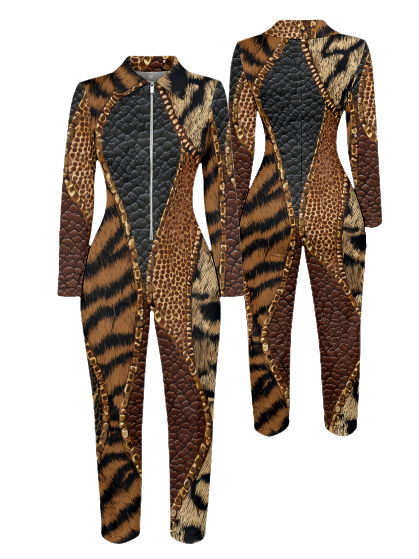 Mixed Safari Print Long Sleeve Zip-Up Jumpsuit