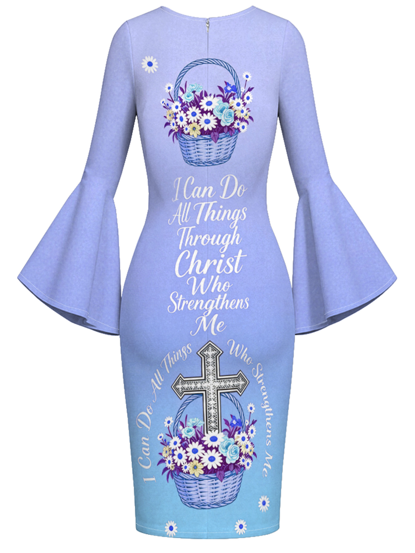 Periwinkle Blue Floral Basket Cross Easter Flare Sleeve Bodycon Midi Dress