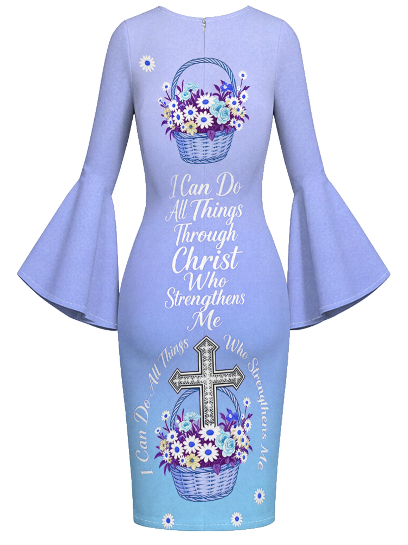 Periwinkle Blue Floral Basket Cross Easter Flare Sleeve Bodycon Midi Dress