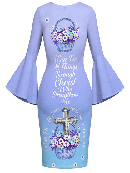 Periwinkle Blue Floral Basket Cross Easter Flare Sleeve Bodycon Midi Dress