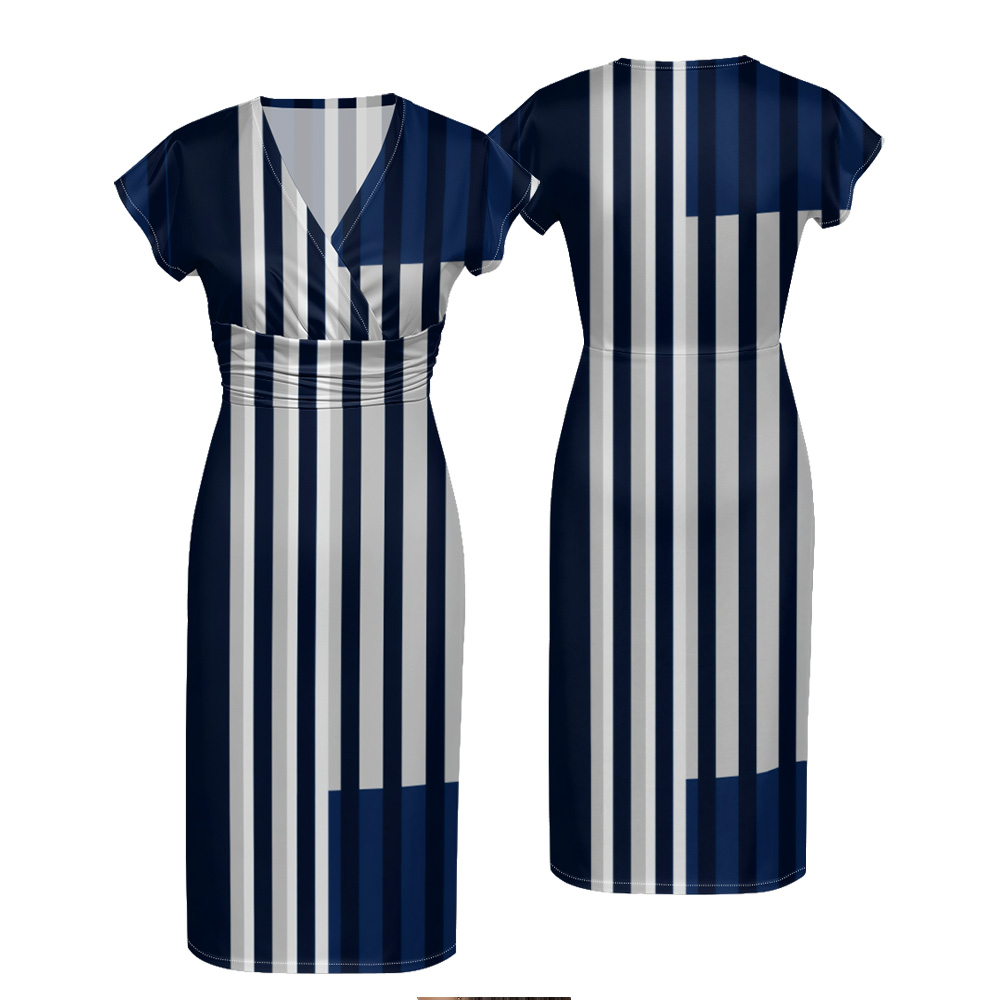 Navy Blue & White Striped Cap Sleeve V-Neck Midi Dress ABF126