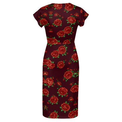 Burgundy Red Rose Cap Sleeve V-Neck Midi Dress AFH531