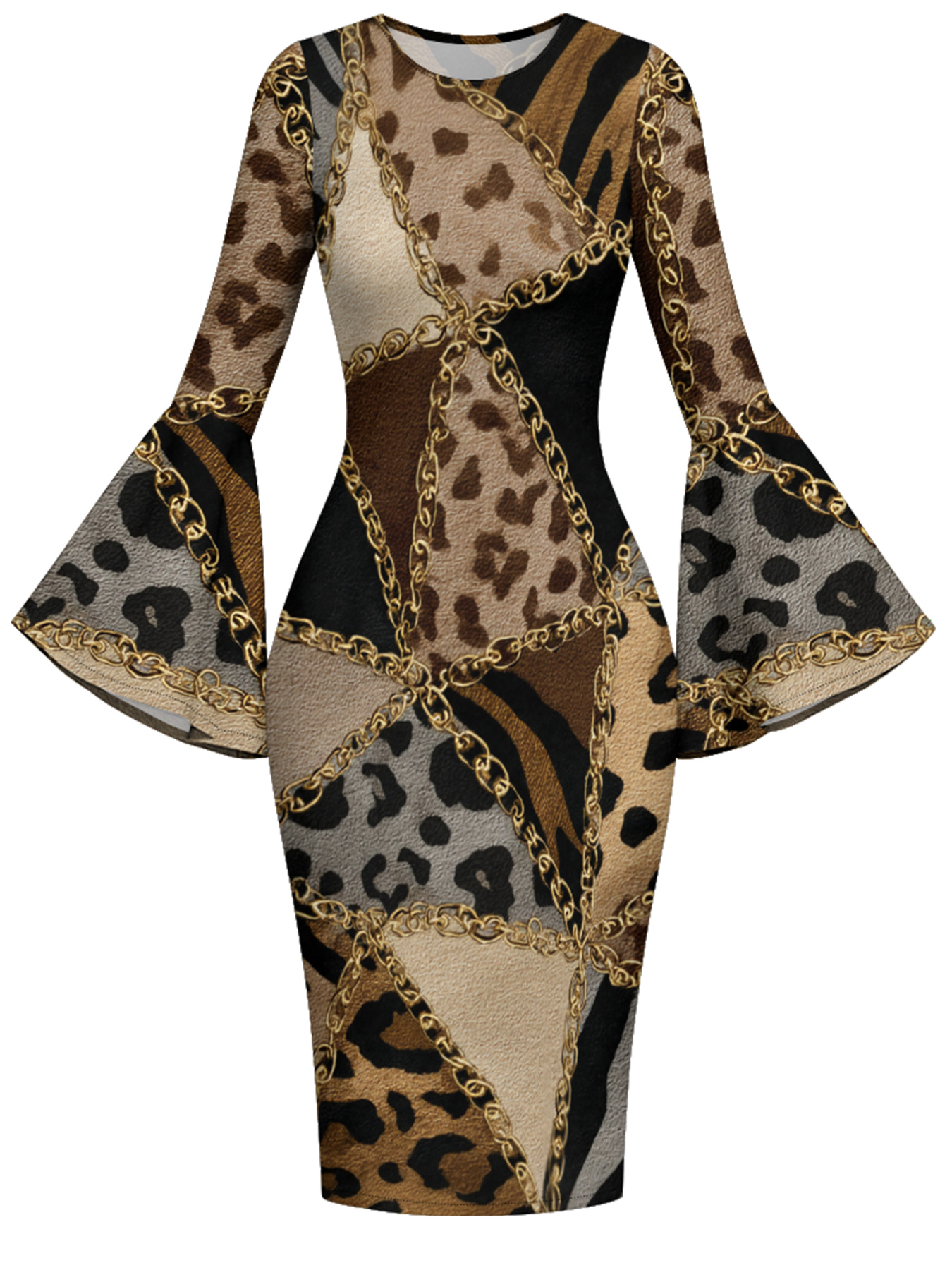Brown & Gold Leopard Flare Sleeve Bodycon Midi Dress JKL3675