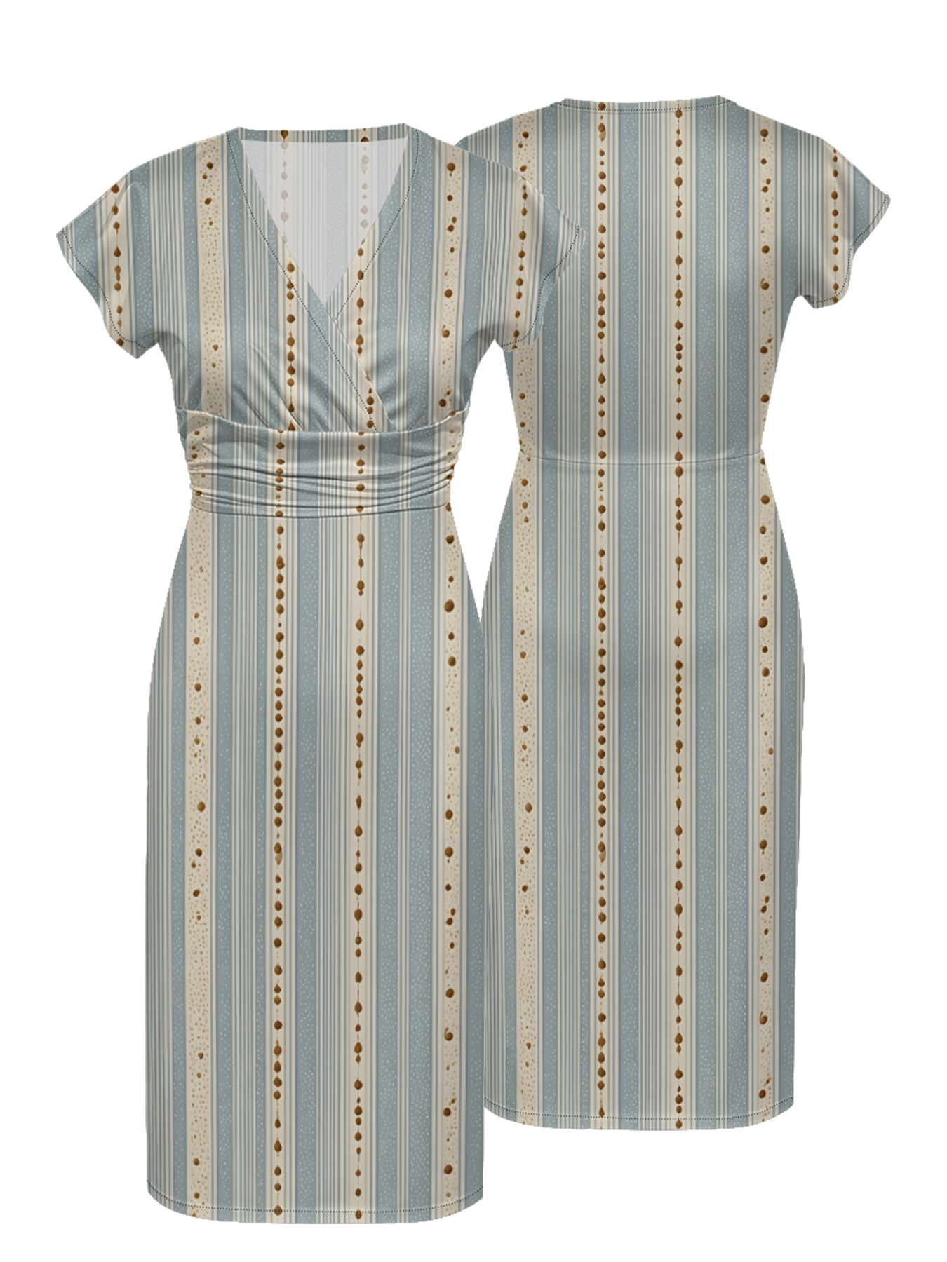 Light Blue & Beige Dotted Cap Sleeve V-Neck Midi Dress