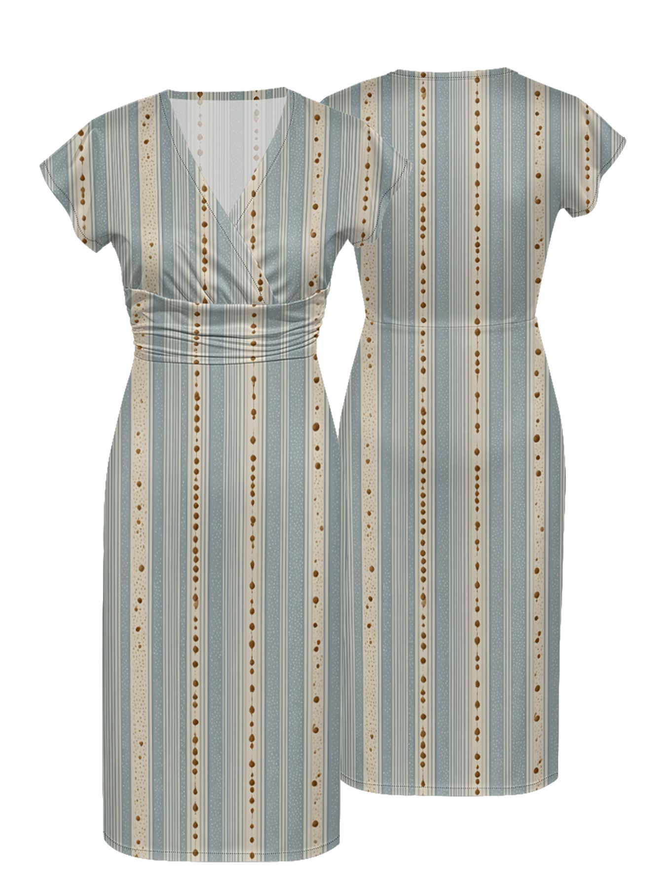 Light Blue & Beige Dotted Cap Sleeve V-Neck Midi Dress