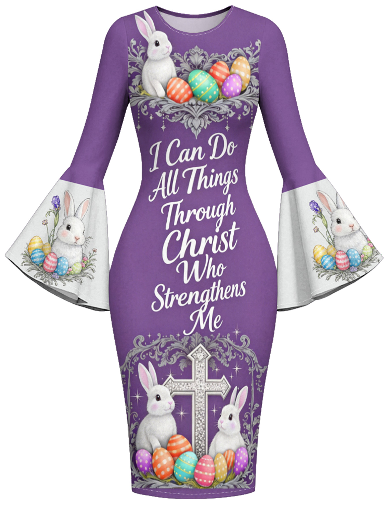 Purple Easter Bunny Cross  Easter Flare Sleeve Bodycon Midi Dress