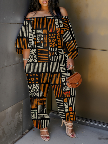 African Mudcloth Print Off-Shoulder Jumpsuit
