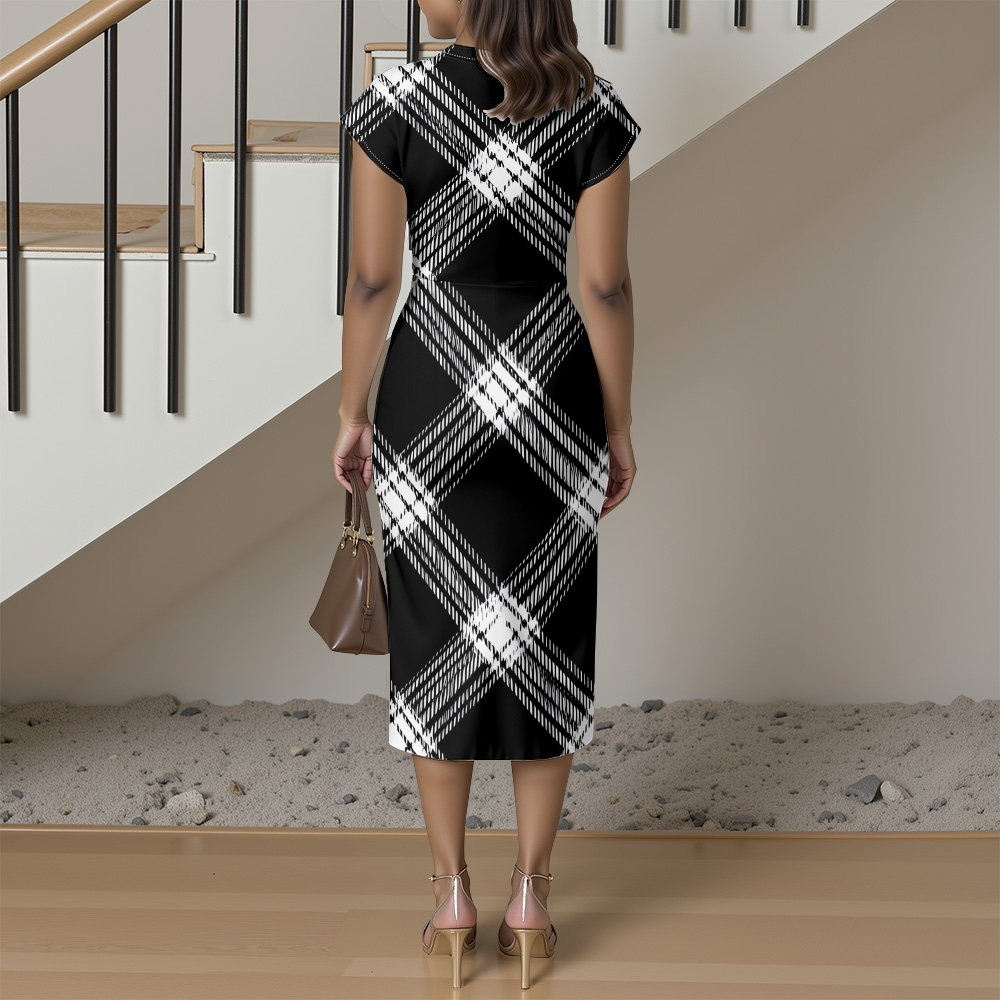 Black & White Plaid Cap Sleeve V-Neck Midi Dress ZXV927