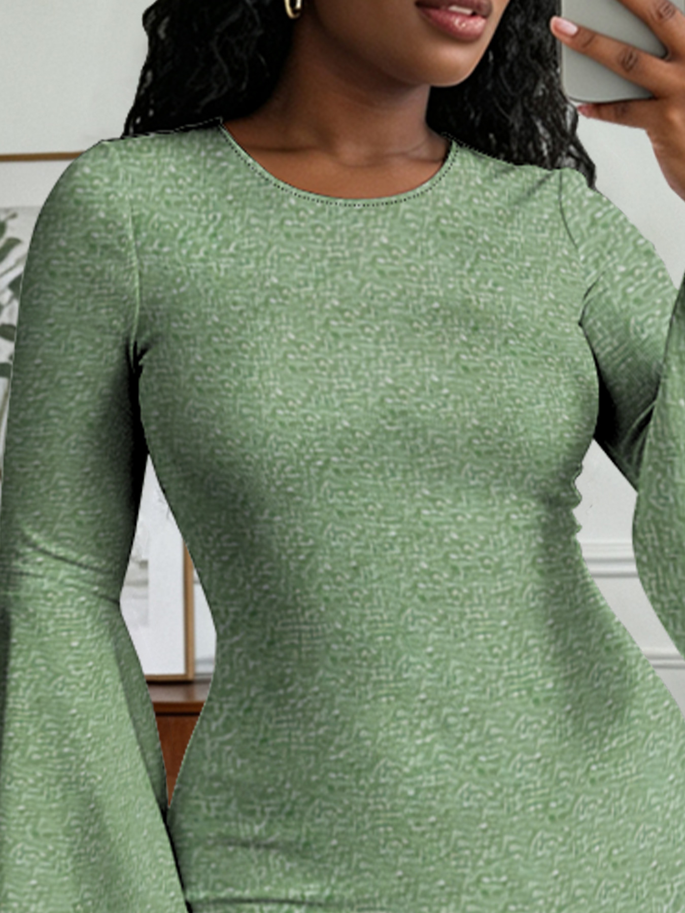 Sage Green Textured Flare Sleeve Bodycon Midi Dress