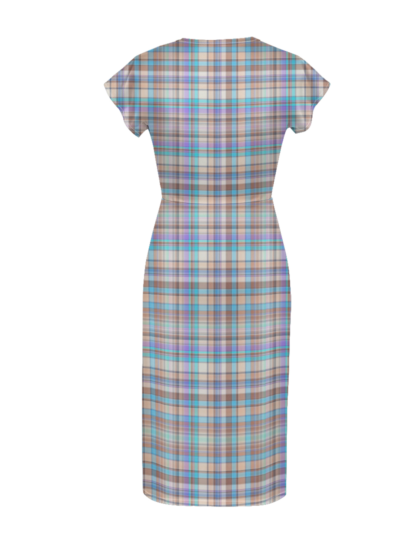 Pastel Plaid Cap Sleeve V-Neck Midi Dress