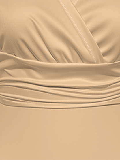 Beige Cap Sleeve V-Neck Midi Dress