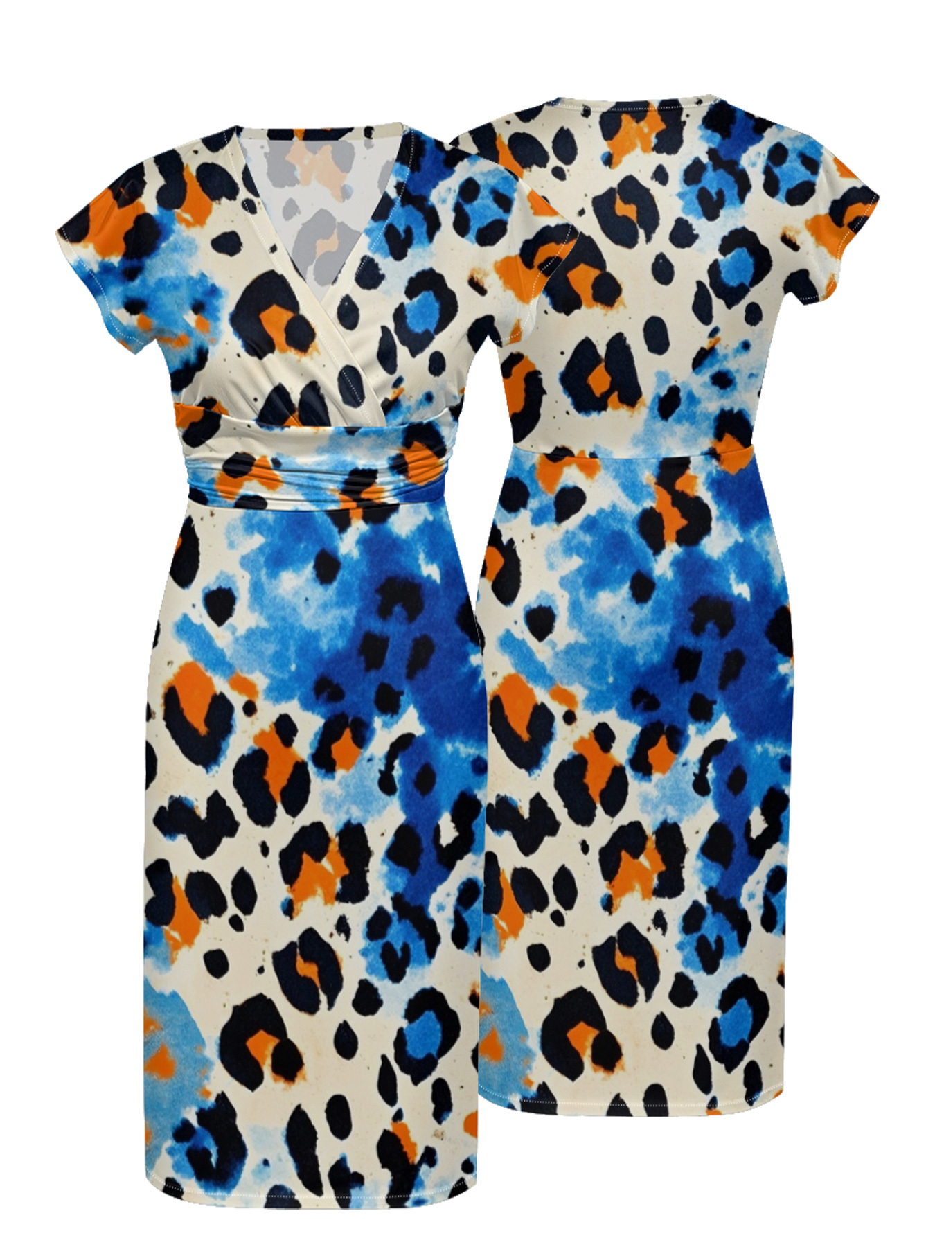 Multicolor Watercolor Cap Sleeve V-Neck Midi Dress MPH45