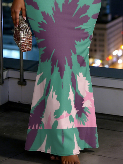 Pink Green Purple Tie-Dye Spaghetti Strap Mermaid Dress