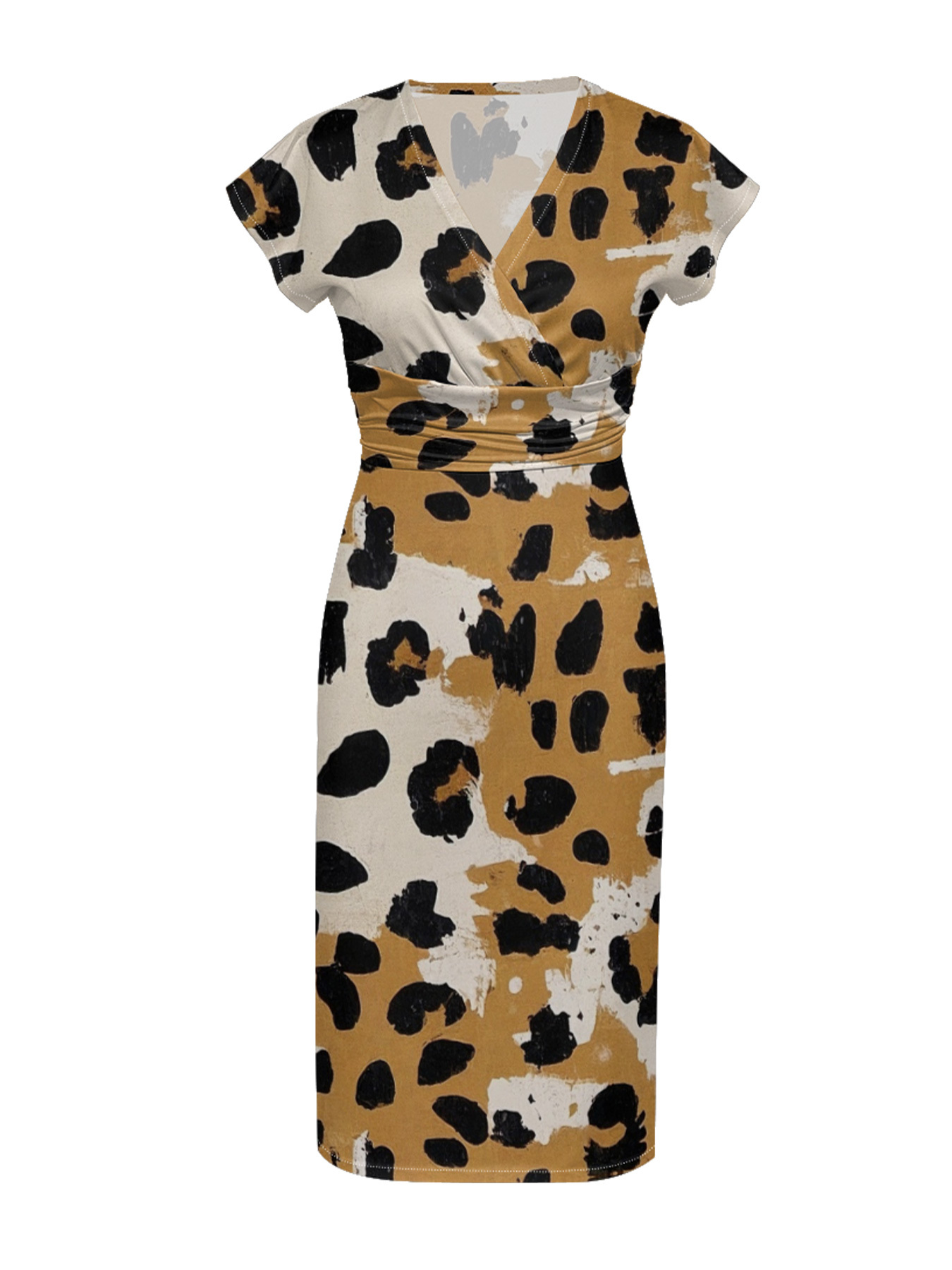 Mustard & White Watercolor Cap Sleeve V-Neck Midi Dress IUJH3156