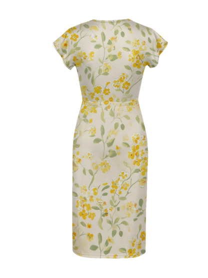 Yellow Floral Watercolor Cap Sleeve V-Neck Midi Dress
