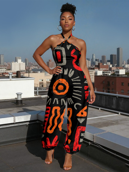 Tribal Graphic Sleeveless Halter Jumpsuit