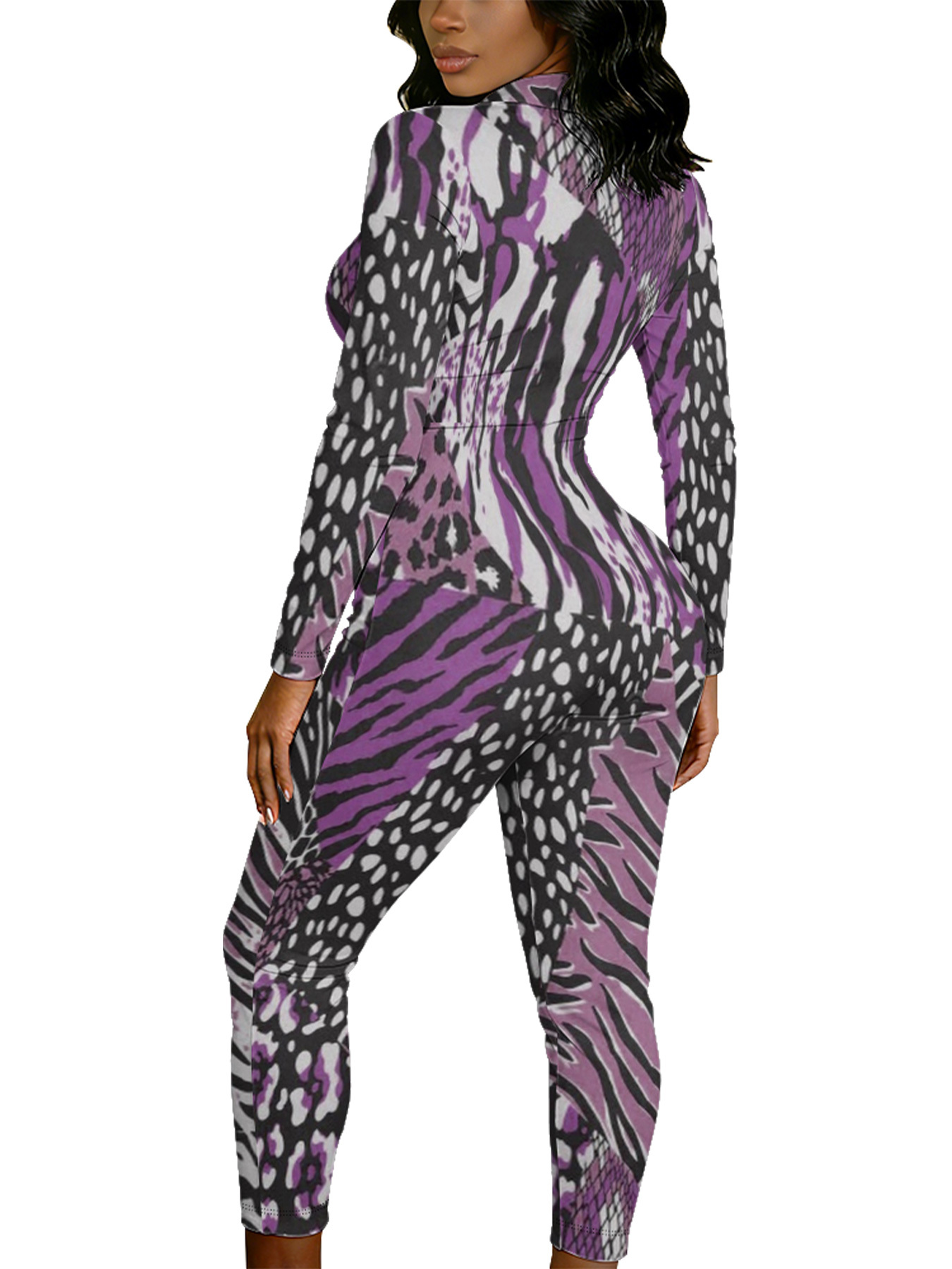 Purple Zebra & Leopard Mixed Long Sleeve Zip-Up Jumpsuit 
