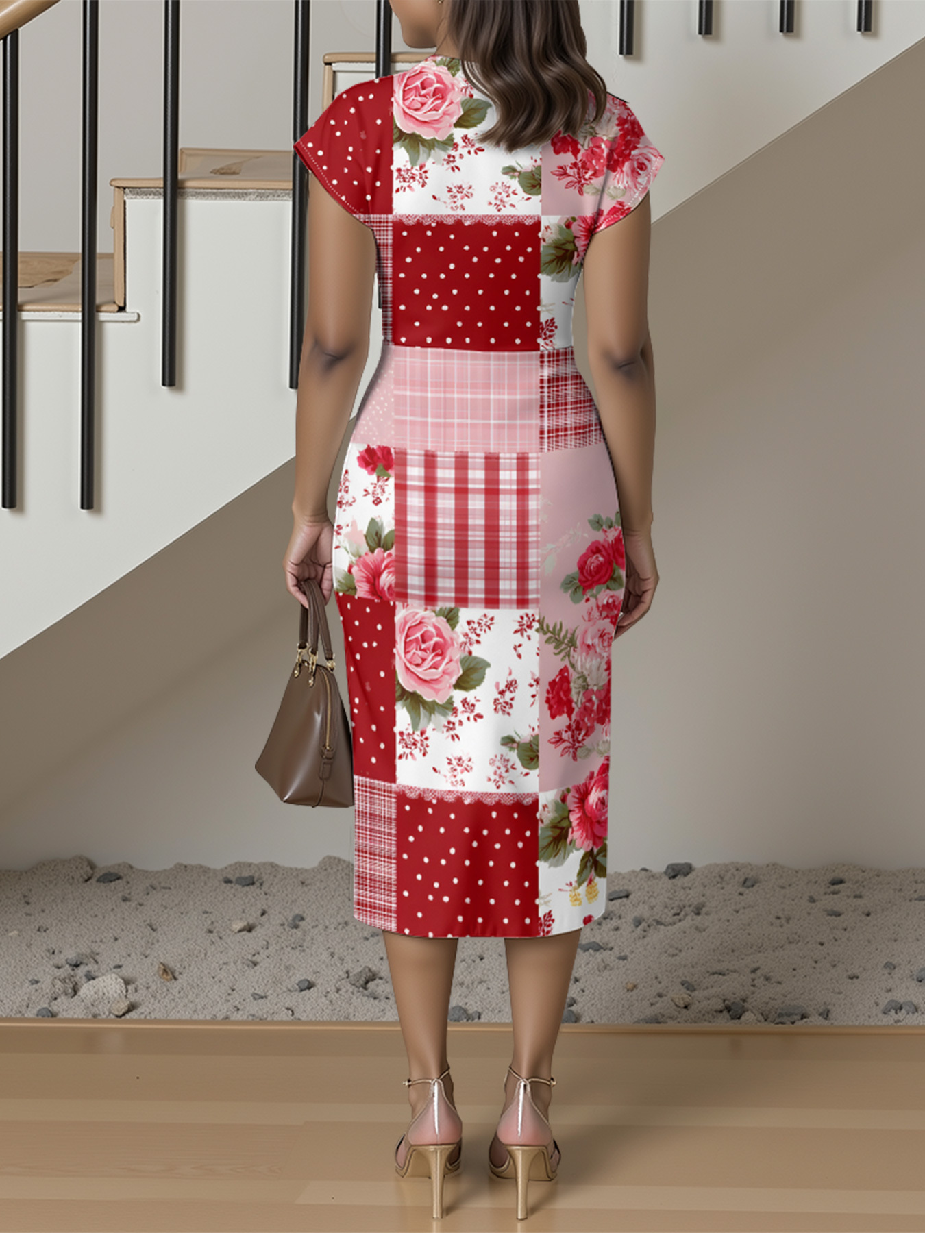 Red & Pink Rose Patchwork Cap Sleeve V-Neck Midi Dress IUO0121