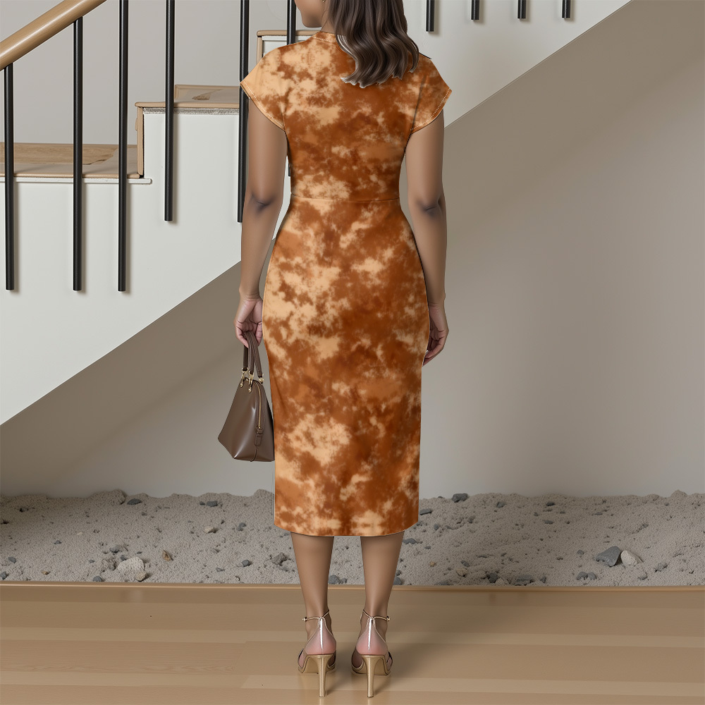 Brown Tie-Dye Cap Sleeve V-Neck Midi Dress GKPT291