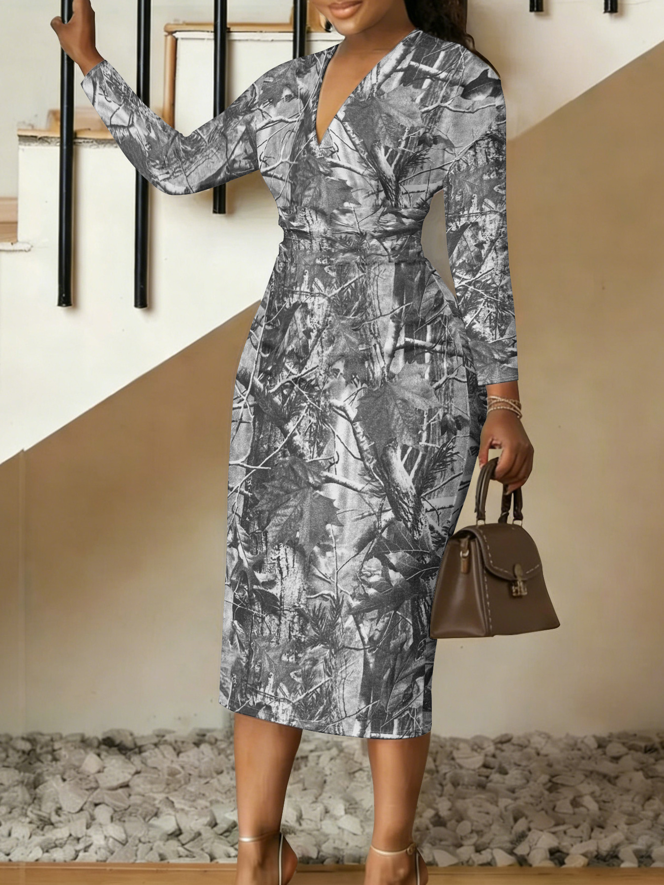 Grey Camo V-Neck Bodycon Midi Dress EZR1586