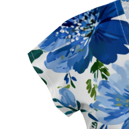 Blue Floral Watercolor Stripe Striped Cap Sleeve V-Neck Midi Dress ADG148