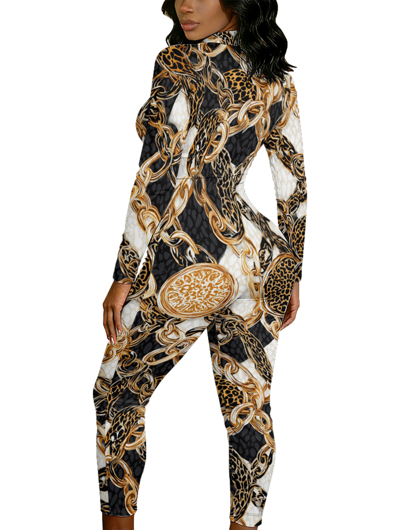 Leopard & Baroque Chain Long Sleeve Zip-Up Jumpsuit NML134