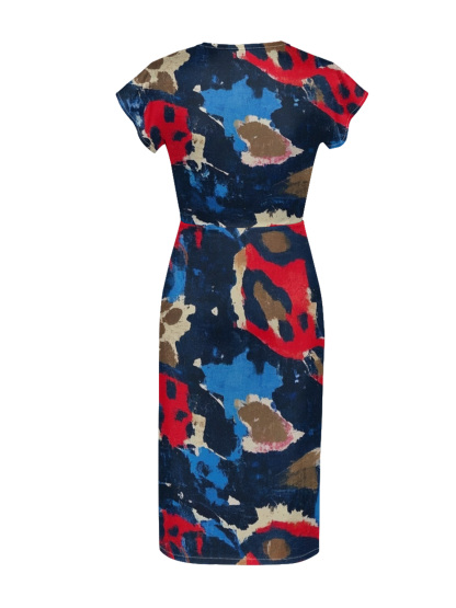 Multicolor Abstract Cap Sleeve V-Neck Midi Dress IUJH3893