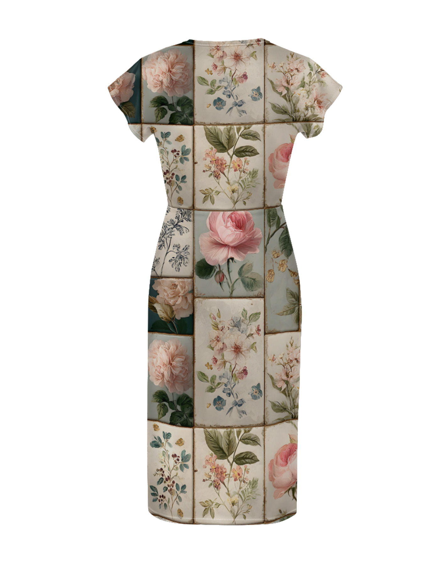 Vintage Botanical Tile Rose Cap Sleeve V-Neck Midi Dress IUO6823