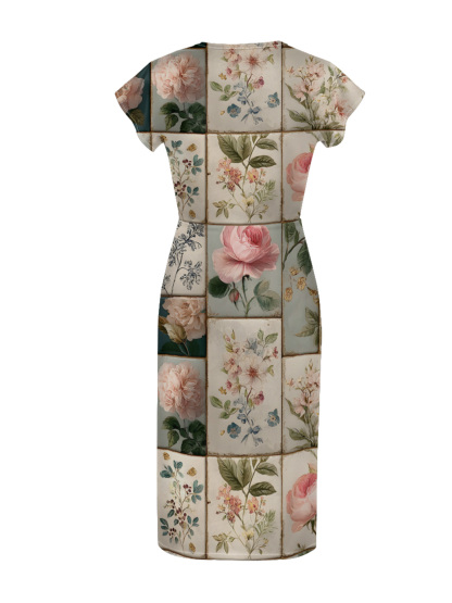 Vintage Botanical Tile Rose Cap Sleeve V-Neck Midi Dress IUO6823