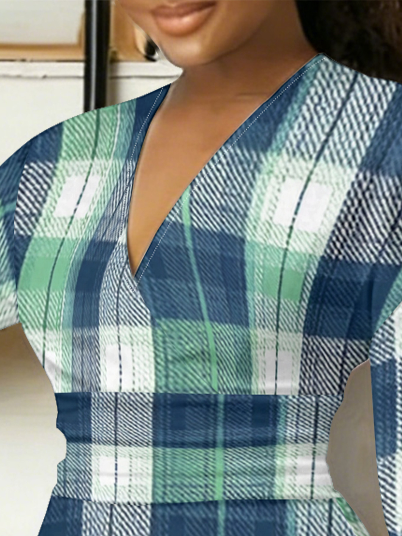 Blue & Green Plaid V-Neck Bodycon Midi Dress GNP1359