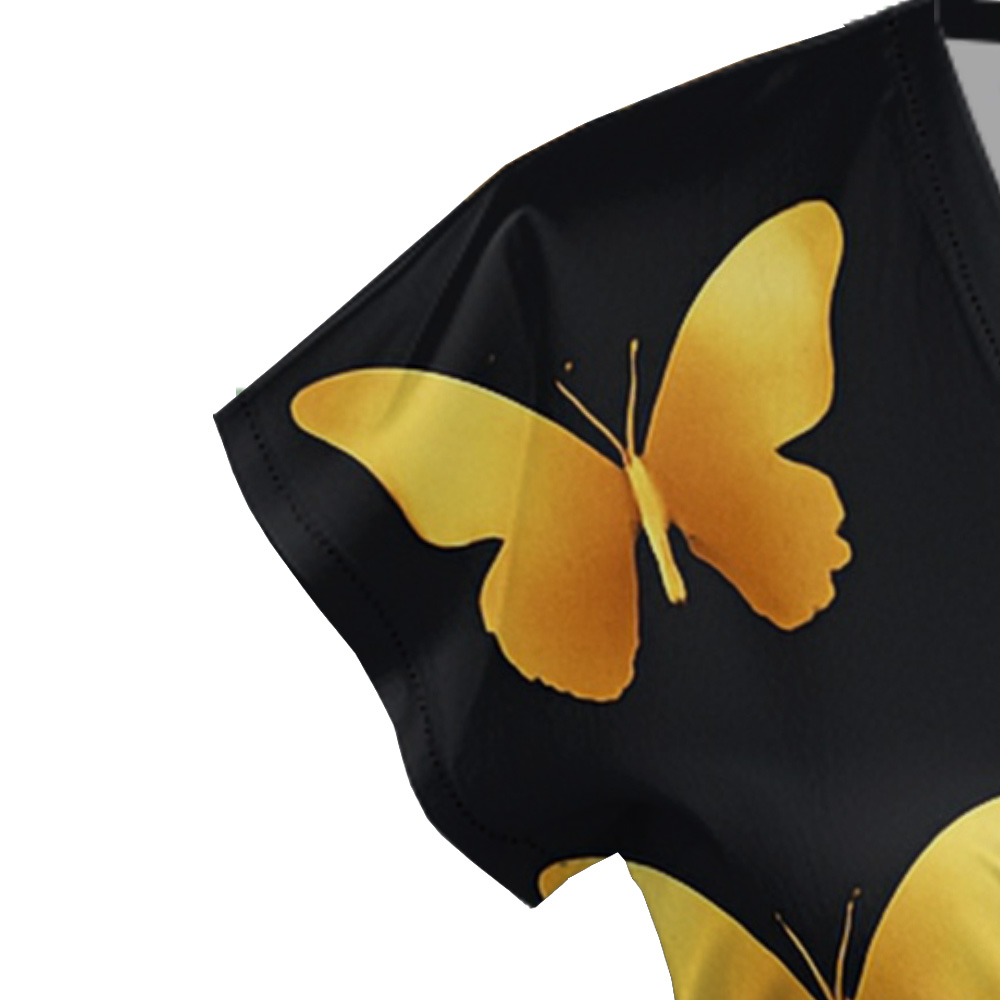 Black White Gold Butterfly Cap Sleeve V-Neck Midi Dress AEG642