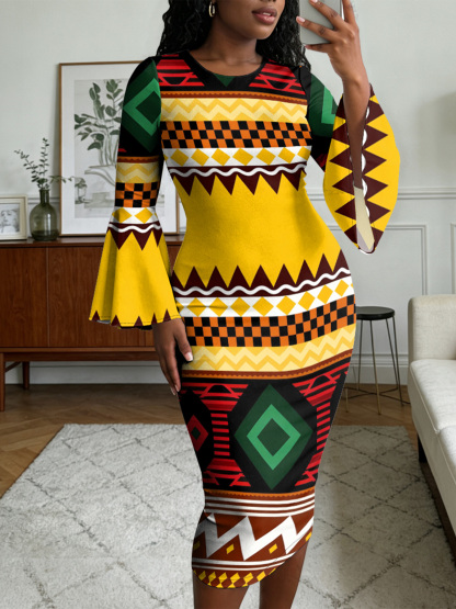 Warm-Tone Tribal Geometric Easter Flare Sleeve Bodycon Midi Dress
