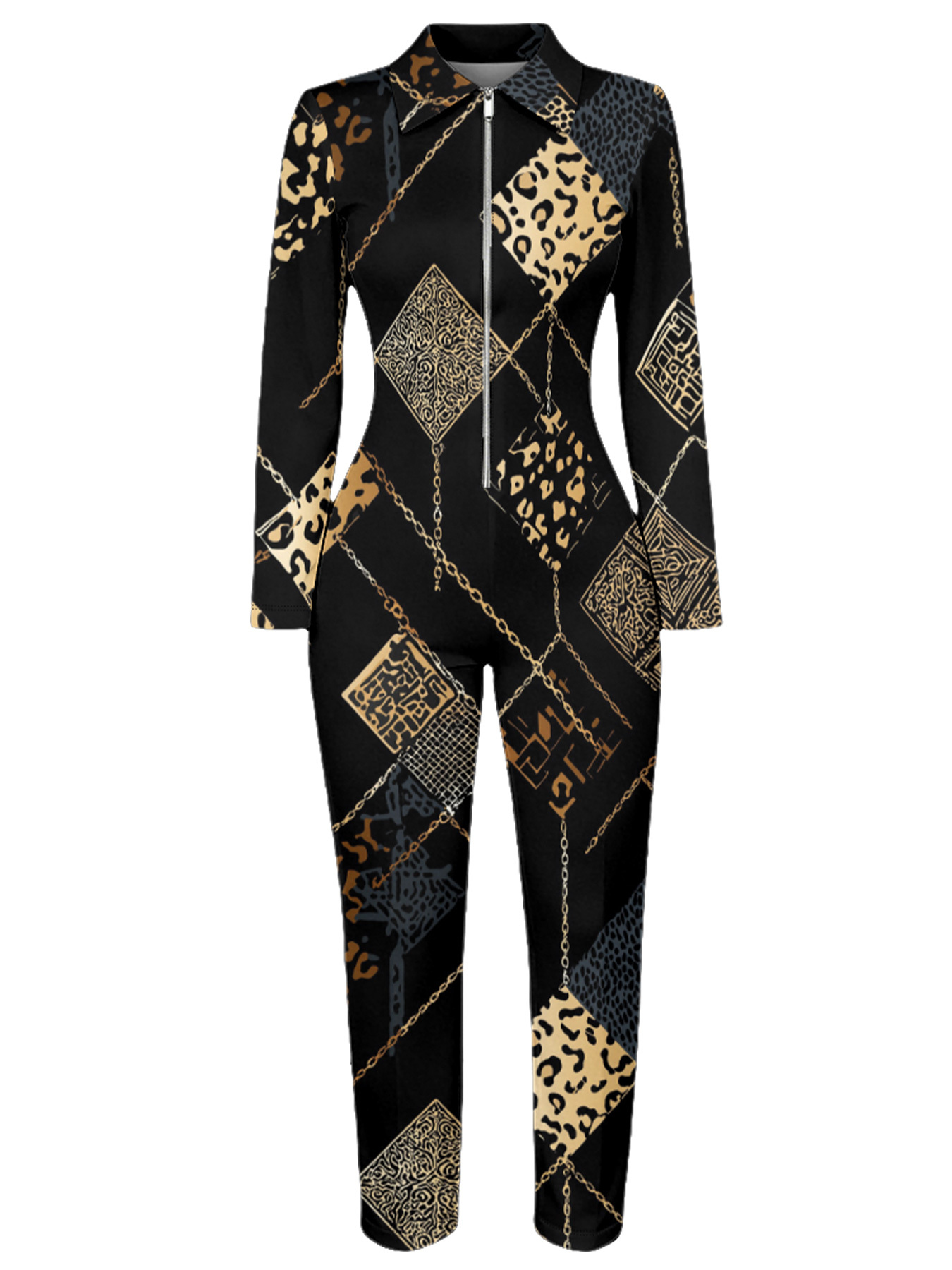Black Leopard & Gold Chain Long Sleeve Zip-Up Jumpsuit LKJ014