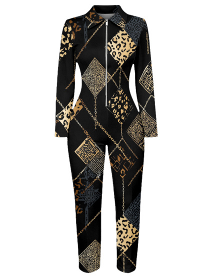 Black Leopard & Gold Chain Long Sleeve Zip-Up Jumpsuit LKJ014