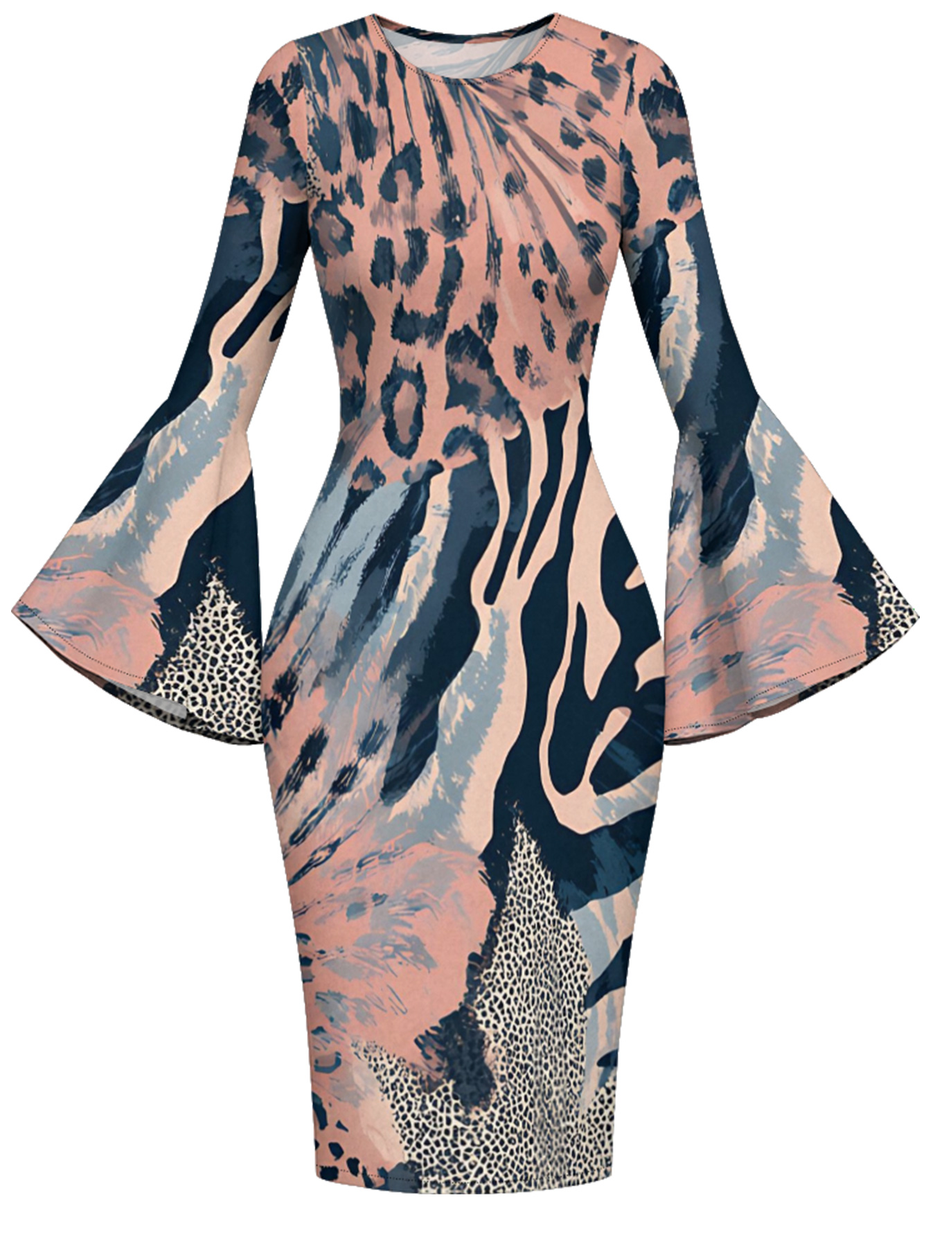 Pink & Navy Watercolor Animal Flare Sleeve Bodycon Midi Dress VWX7129