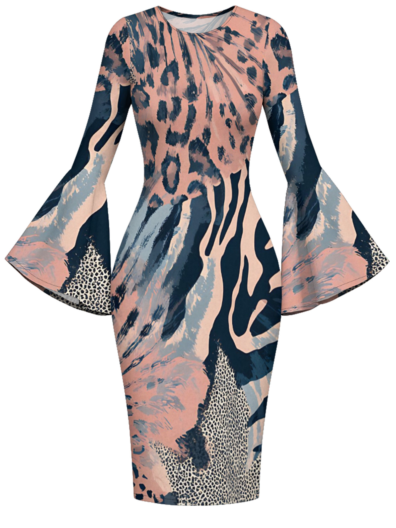 Pink & Navy Watercolor Animal Flare Sleeve Bodycon Midi Dress VWX7129