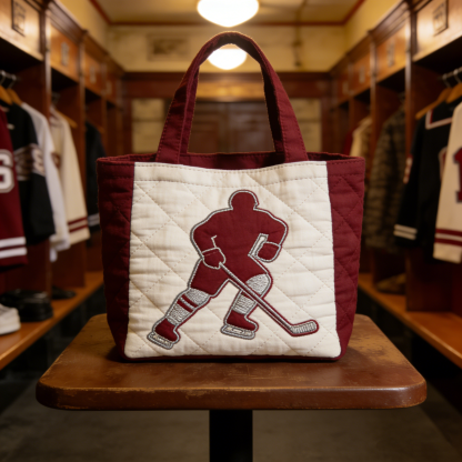 Handmade Quilted Sporty Tote Bag, Hockey Pattern Fabric Shoulder Handbag