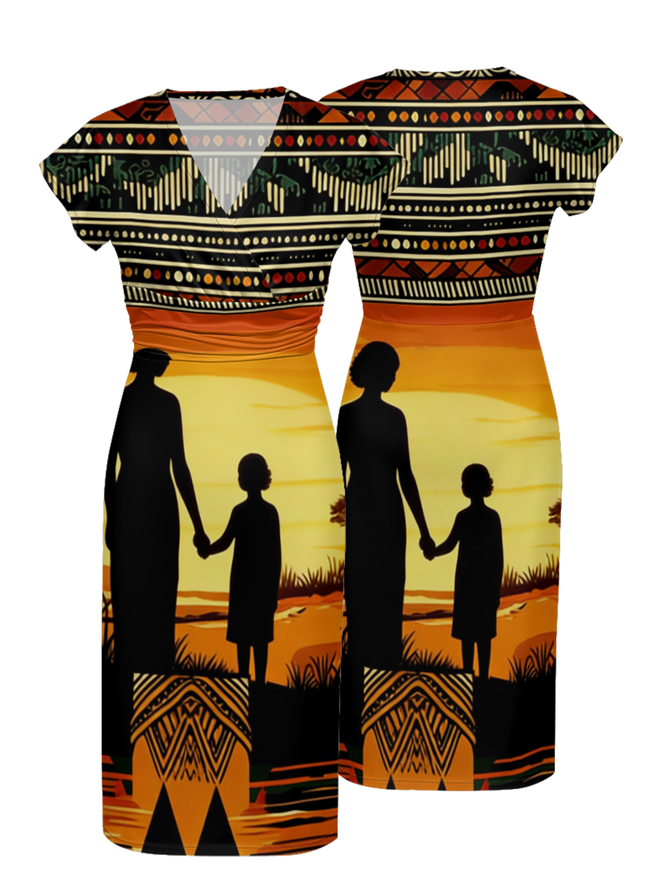 African Savannah Sunset Cap Sleeve V-Neck Midi Dress IJG7685