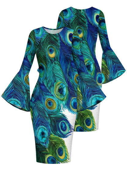 Peacock Feather Print Bell Flare Sleeve Bodycon Midi Dress