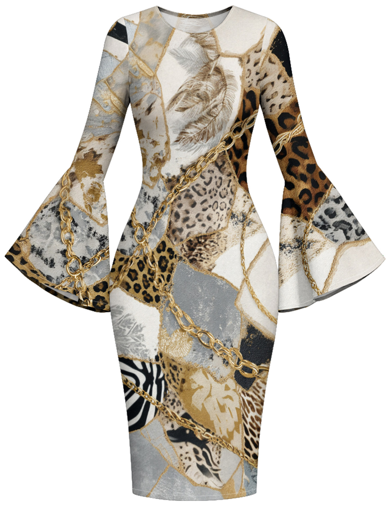 Luxury Patchwork Animal Flare Sleeve Bodycon Midi Dress GHI2564