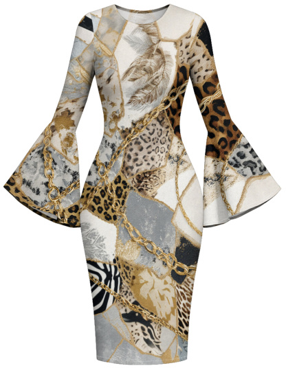 Luxury Patchwork Animal Flare Sleeve Bodycon Midi Dress GHI2564