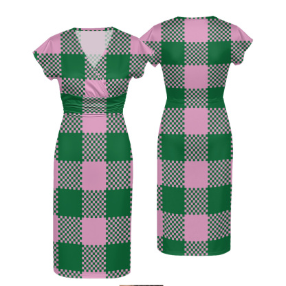 Pink Green Checkerboard Cap Sleeve V-Neck Midi Dress BCF963